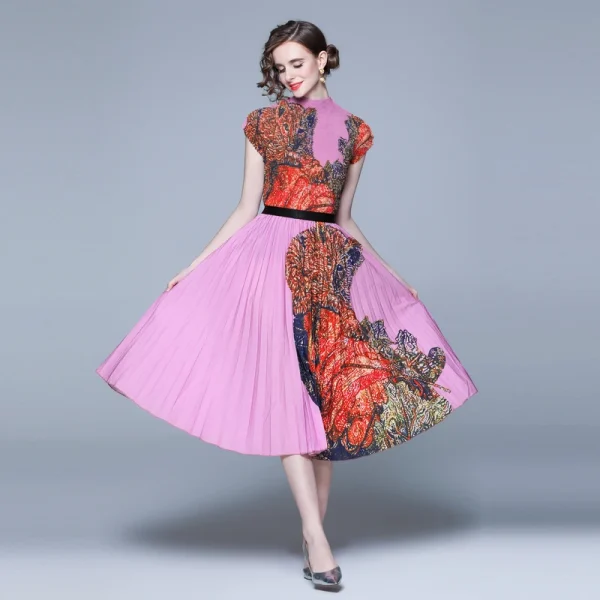 LE1303 Accept Floral Print Miyake Pleated Casual Style Suit Short-sleeved Skirts Boutique Women 2 Piece Sets - Image 4