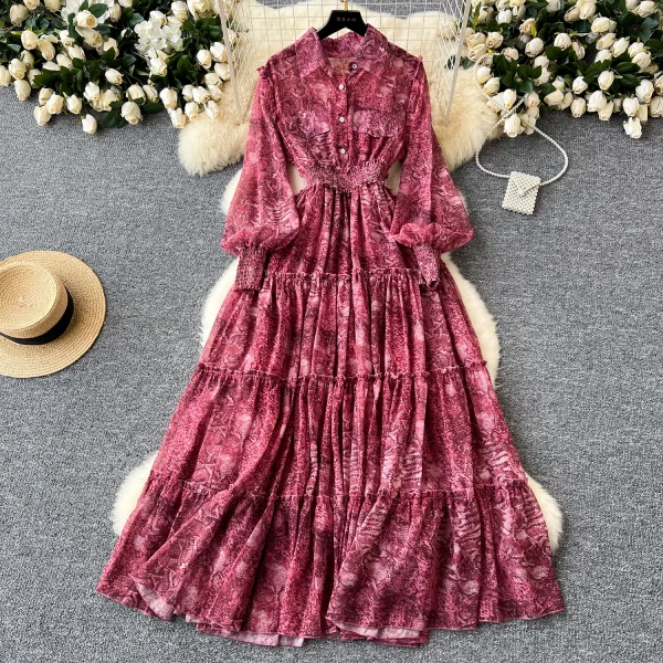 ZT1554 Luxury Vintage Women's New  Slimming Lantern Sleeve Single Breasted Floral Printed Elegant Maxi Dress - Image 3