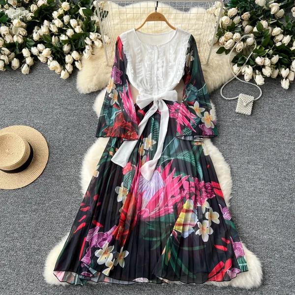 ZT1488 European Women's Dress Senior Sense Round Neck Flared Long Sleeve Waist Print Pleated Chiffon Elegant Midi Dress - Image 4