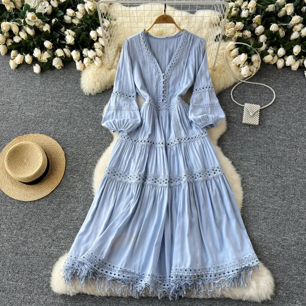 ZT1466 Gentle  Dress 2025 Summer New Hollow Lace Splicing V-neck Fringe Waist Women's Dress Elegant Party Dresses - Image 2