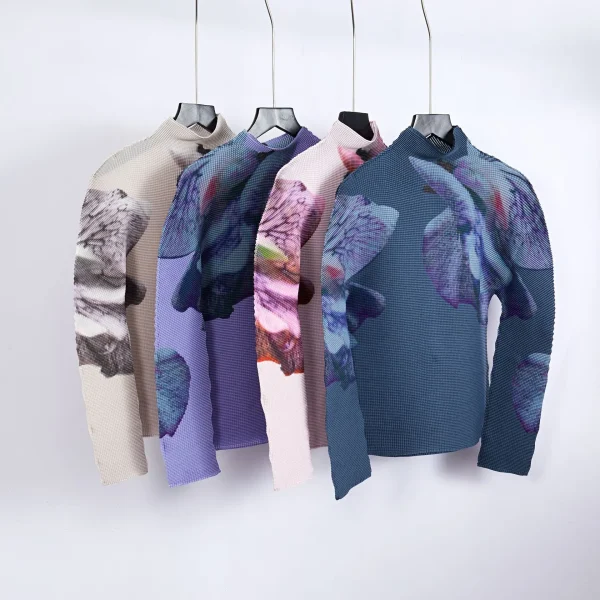 LE1085 Miyake Flower Printed Two Piece Outfit Pleated Stand Long Sleeve Top Pleated Skirt Two Piece Set - Image 6