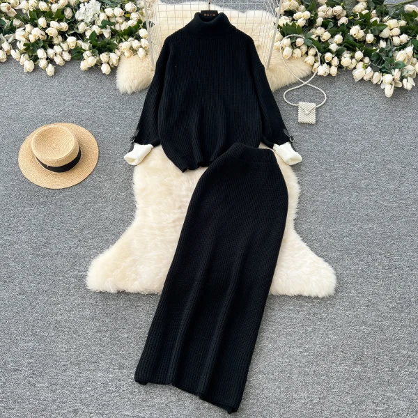 LW0141 Turtleneck Matching Color Pullover Sweater Women'S High Waist Slim Mid-Length Skirt Women'S Sweater Two Sets - Image 3