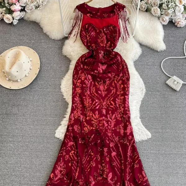 ZT1562  Fashion Banquet Host Round Neck Waist Fringe Sequins Elegant Sexy A-line Fishtail Wrapped Hip Maxi Dress Evening Gown