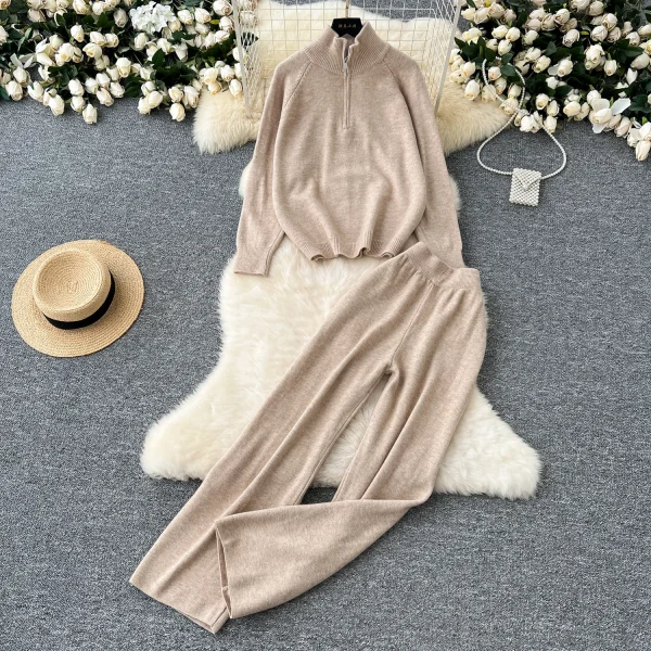 LW0149 Women'S Fashion Suit All-In-One Age-Reducing Casual Stand Collar Zipper Sweater Sweater Pants Two-Piece Set