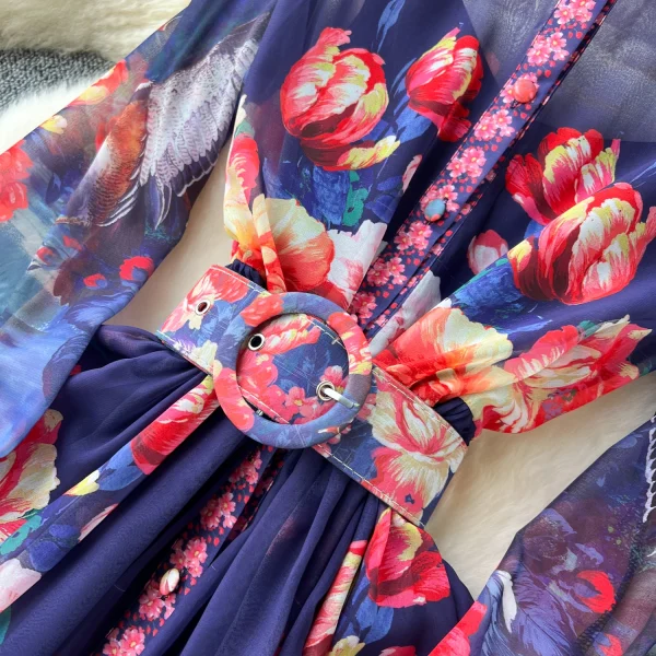 ZT1512 European Style Luxury Retro Long-sleeved Female Two-piece Set Lapel Breasted Waist Printed Chiffon Maxi Dress - Image 3
