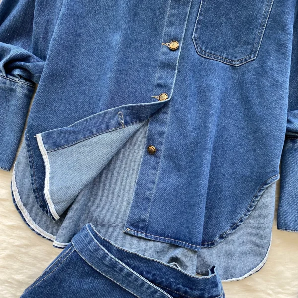 LW0111 Retro Pure Sexy Spice Suit Women'S Fall Lantern Sleeve Denim Shirt High-Waisted Wide-Leg Shorts 2pcs Ladies Dress - Image 4