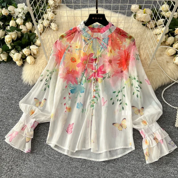 LW0577 2025 New Advanced Sense Lace up Lantern Sleeve Printed Chiffon Top Women'S High Waist Pendant Skirt Ladies Two Sets - Image 6
