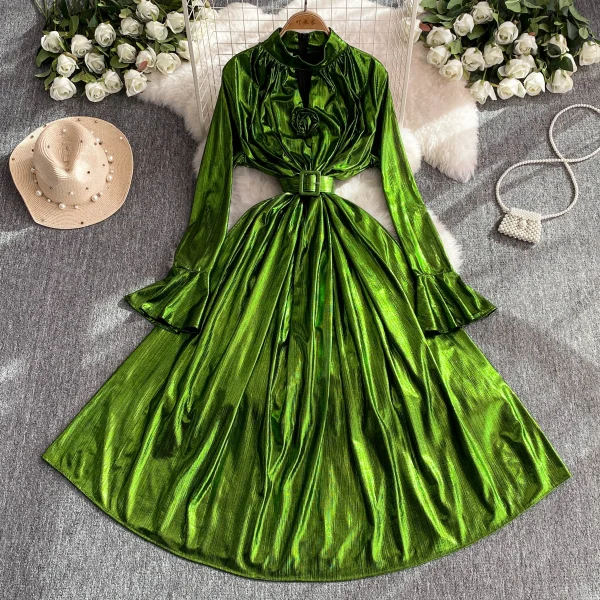 ZT1559 High-End Sense Femininity Flared Long Sleeve Stand Collar Slimming Mermaid Bright Elegant Maxi Dress Woman Evening Gown