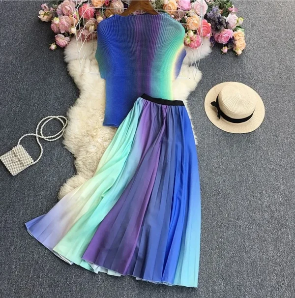 LE1301 in Stock Miyake Pleated Suit Printing Short Sleeve Stretch Shirt and Print Pleated Skirt Boutique Fashion Two Piece Sets