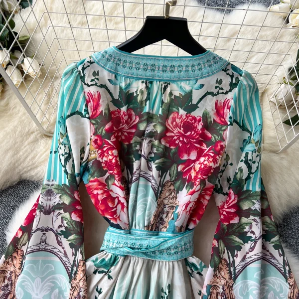 ZT1509 European Senior Sense Dress Women Design Sense V-neck Lantern Sleeve Printed Temperament  Chiffon Maxi Dress - Image 6