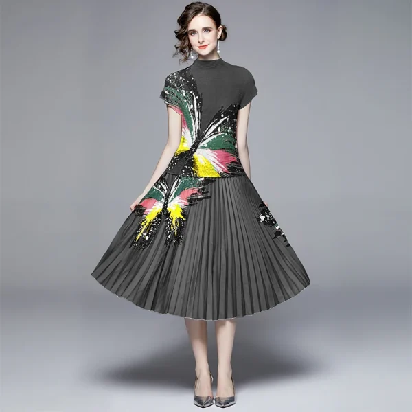 LE1291 Fast Delivery Outlet High Quality Sets Pleat Short Sleeve Top and Printed Long Pleated Skirt Two Piece Sets - Image 4