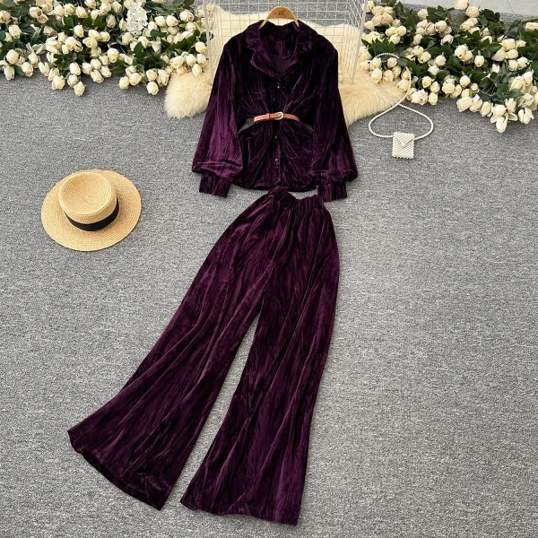 LW0136 Soft Velvet Long-Sleeved Shirt Two-Piece Set of Women'S Autumn High-Waisted Wide-Leg Pants 2 Piece Pant Sets for Ladies - Image 4