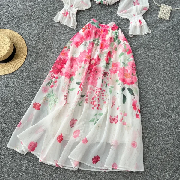LW0574 2025 Spring Vacation Style Two-Piece Women'S Lace-Up Lantern Sleeve Printed Shirt High Waist Drop Skirt - Image 4