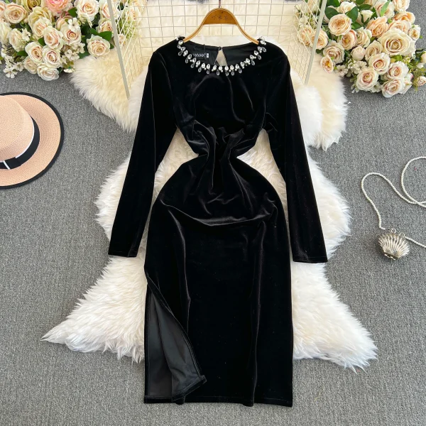 ZT1557 High-End Sense French Style Hepburn Style  Temperament Female New Autumn Winter Evening Dresses Slit Velvet Party Dress