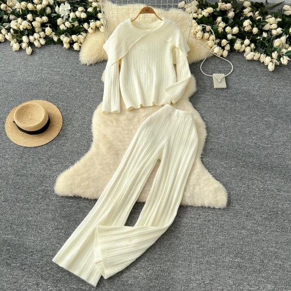 LW0107 Big Lapel Two-Piece Suit Women'S Sweater Slimming Base Top High Waist Vertical Pattern Sweater Pants Set - Image 5