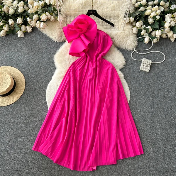 ZT1474 European Female Dress Summer Banquet Design Sense Three-dimensional Flower Slim-fit Pleated Midi Evening Gown