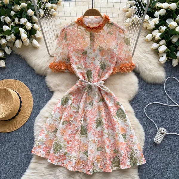 ZT1471 French Vintage Beaded Three-dimensional Flower Round Neck Short Sleeve Waist Slimming Hollow Embroidery  Elegant Dresses - Image 2