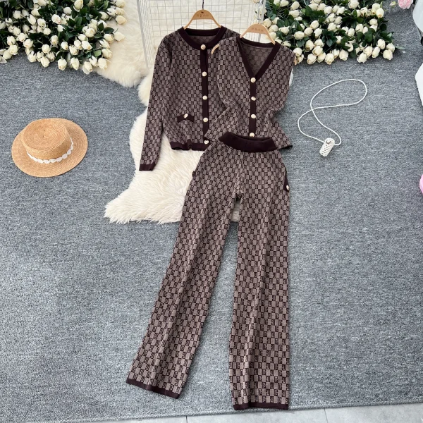 LW0120 Vintage Jacquard Women Two Sets of Small Fragrant Sleeveless Knitted Sweater Cardigan Jacket Wide Leg Trousers