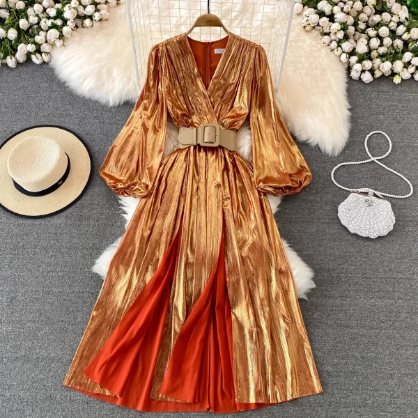 ZT1560  Sexy Long Sleeve High Waist Binding Metal Color Pleated Dress V-neck Elegant Temperament MIDI Dress Woman - Image 3