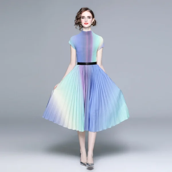 LE1301 in Stock Miyake Pleated Suit Printing Short Sleeve Stretch Shirt and Print Pleated Skirt Boutique Fashion Two Piece Sets - Image 4