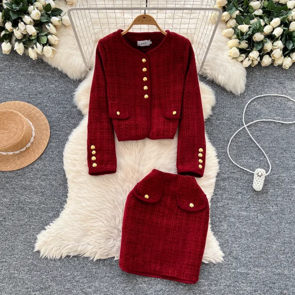 LW0115 Small Fragrant French Two-Piece Women'S Western Style Metal Buckle Slim Long-Sleeved Coat High Fanny Pack Hip Skirt