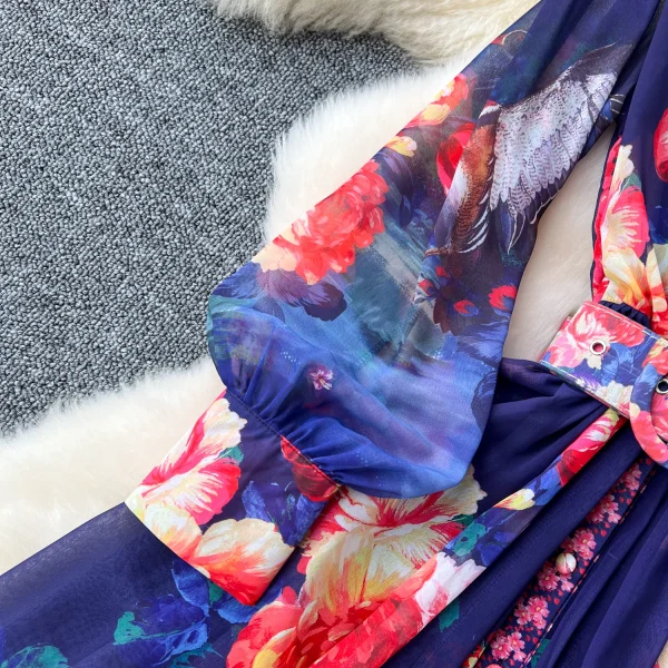 ZT1512 European Style Luxury Retro Long-sleeved Female Two-piece Set Lapel Breasted Waist Printed Chiffon Maxi Dress - Image 2