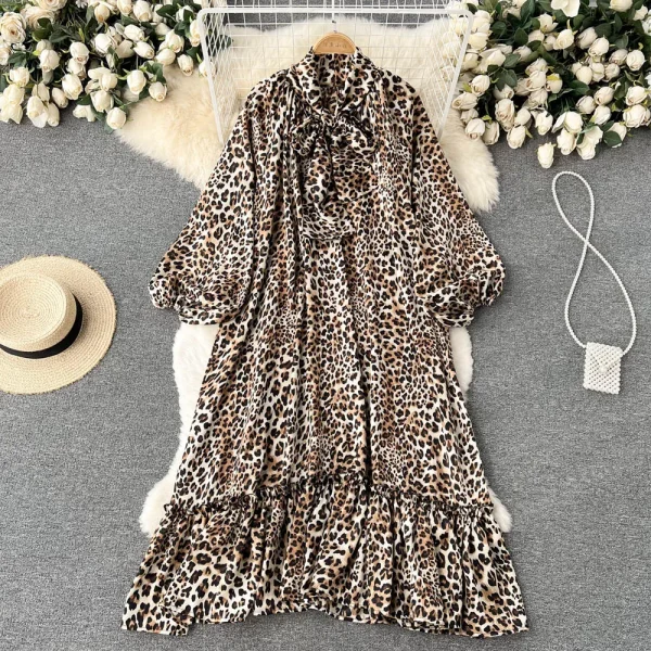ZT1460 Design Sense Niche Lantern Sleeve High Collar Printed Dress  Woman Clothes Elegant Dresses  Loose Midi Dress - Image 2