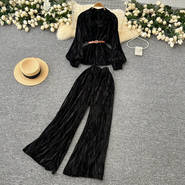 LW0136 Soft Velvet Long-Sleeved Shirt Two-Piece Set of Women'S Autumn High-Waisted Wide-Leg Pants 2 Piece Pant Sets for Ladies - Image 5