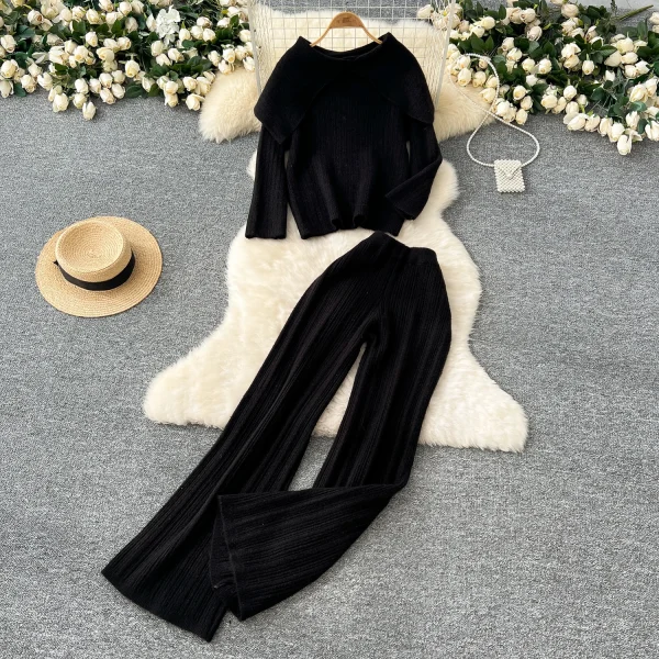 LW0107 Big Lapel Two-Piece Suit Women'S Sweater Slimming Base Top High Waist Vertical Pattern Sweater Pants Set - Image 6