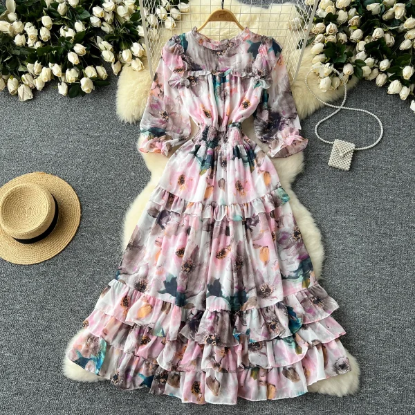 ZT1482 French Waist Slimming High Quality Ruffled  Woman Clothes High-end  Printed Dress Sweet Elegant Dress - Image 5