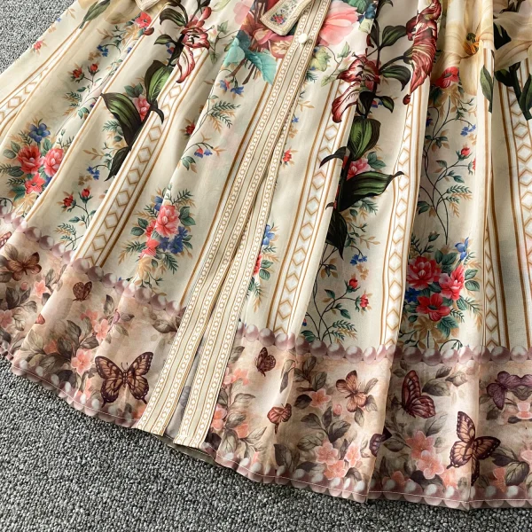 ZT1478 European Vintage Court  Printed Dress Female Lantern Sleeve Waist Strap Single-breasted Temperament Maxi Dress - Image 5