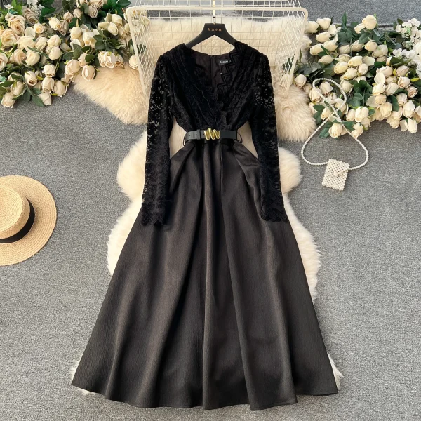 ZT1550 Senior Sense Elegant Lace Wavy Edge V-neck Long Sleeve Fake Two Splicing Long Swing Temperament Midi Dress Evening Gown - Image 2