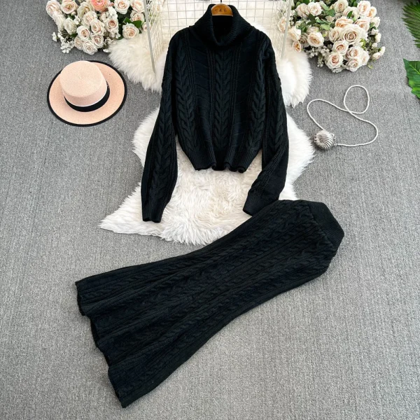 LE4754 Green Turtleneck Twist Sweater Women'S Winter Thick Loose Sweater Stretch Wrap Hip Skirt Two-Piece Set - Image 5