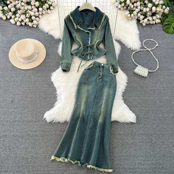 LE4752 Fashion Suit Women Fashion Denim Short Jacket Two-Piece Set High Waist Slimming Fish Tail Wrap Hip Skirt