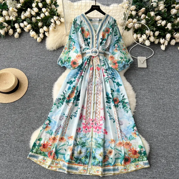 ZT1506 European High-end Elegant Women's Design Sense V-neck Lantern Sleeve Waist Buckle Slim-fit Printed Maxi Dress - Image 4