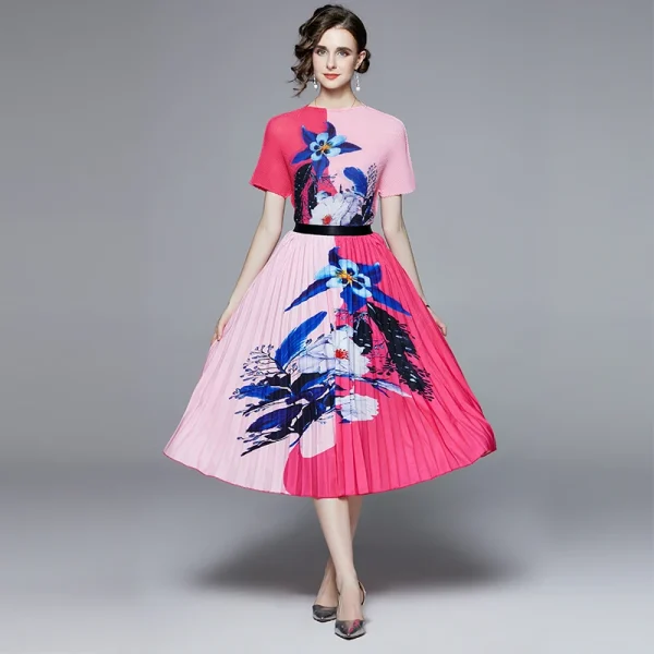 LE1282 Women'S Pleated Skirt Suit Loose Miyake Pleated Printed Top Printed Pleated Long Skirt Plus Size Two Piece Casual Suit - Image 3