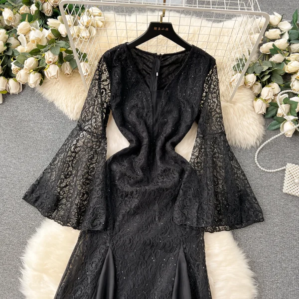 ZT1545 High-end Sequin Lace Female Niche Luxury Beautiful Fancy Trumpet Sleeve Elegant Evening Gown Fishtail Maxi Dress - Image 2