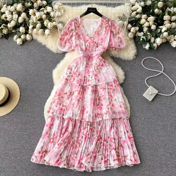 ZT1481 French Temperament V-neck Bubble Sleeve2025 Summer New Pleated Cake Elegant Dress Woman Clothes Sweet Printed Dress - Image 3