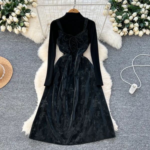 LW0113 French Retro Design Sense Tie up Waist Halter Dress Women'S Two-Piece Set With High Neck T-Shirt Top - Image 2