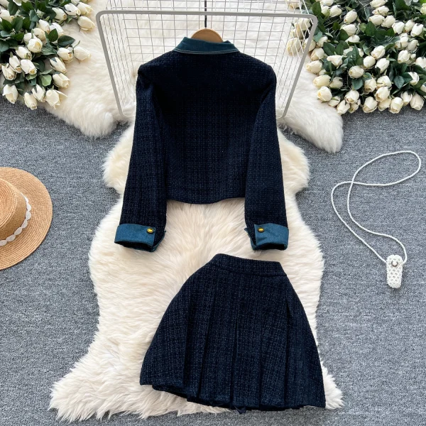 LW0099 British Style Suit Women Contrast Color Lapel Short Metal Buckle Coat High Waist Pleated Skirt Two-Piece Ladies - Image 3