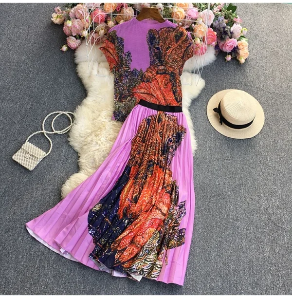 LE1303 Accept Floral Print Miyake Pleated Casual Style Suit Short-sleeved Skirts Boutique Women 2 Piece Sets - Image 2