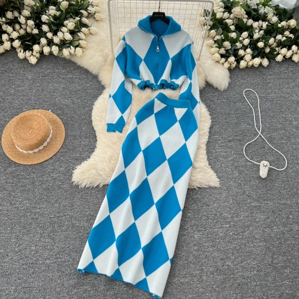 LW0152 Stylish Diamond Check Print Waist Waist Short Lapel Sweater Women'S Sweater Wrap Hip Skirt Two-Piece Set