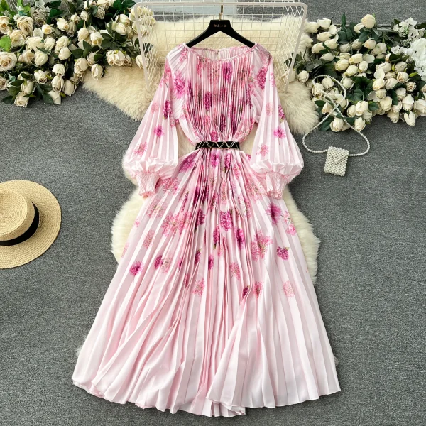ZT1528 Style 2025 New Women's Dress Oversized Elegant Dress Printed Pleated Waist Lace-up Holiday Midi Dress - Image 3