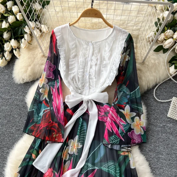 ZT1488 European Women's Dress Senior Sense Round Neck Flared Long Sleeve Waist Print Pleated Chiffon Elegant Midi Dress - Image 5