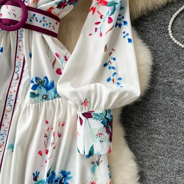ZT1507 European-style Retro Palace Style Long Sleeve V-neck Waist Breasted Big Swing Dress Celebrity-style Elegant Printed Dress - Image 3
