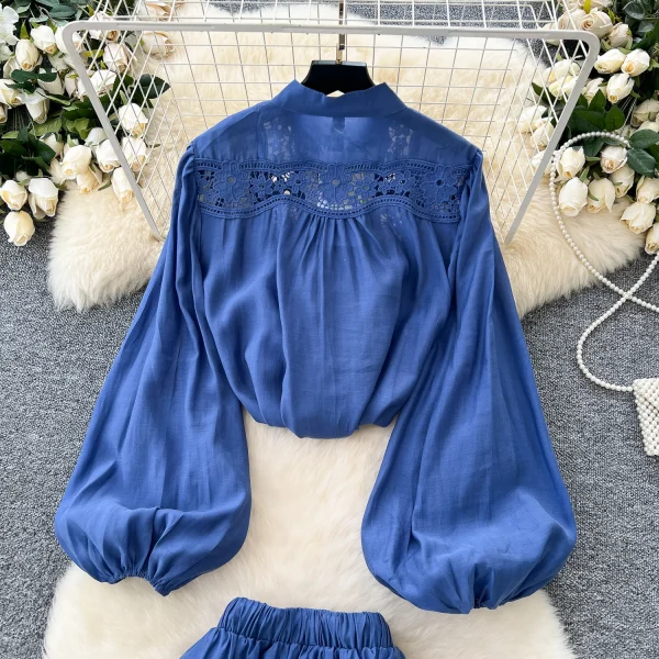 LW0140 Vintage Ladies 2 Piece Set Elegant Hollow Lace Patchwork Lantern Sleeve Shirt Women'S High Waist Slit Skirt Set - Image 6