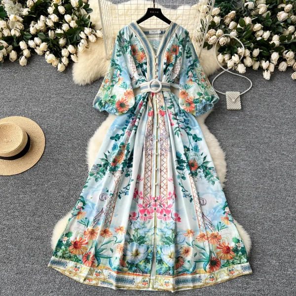 ZT1506 European High-end Elegant Women's Design Sense V-neck Lantern Sleeve Waist Buckle Slim-fit Printed Maxi Dress
