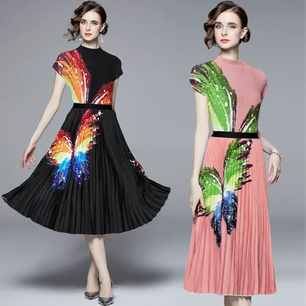 LE1291 Fast Delivery Outlet High Quality Sets Pleat Short Sleeve Top and Printed Long Pleated Skirt Two Piece Sets