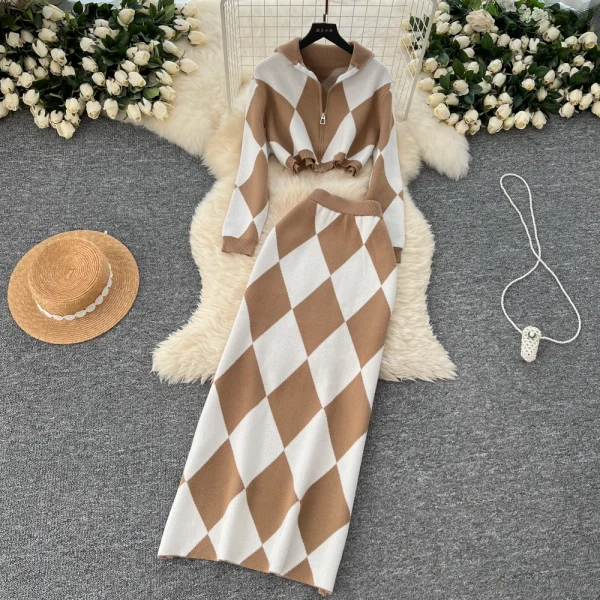 LW0152 Stylish Diamond Check Print Waist Waist Short Lapel Sweater Women'S Sweater Wrap Hip Skirt Two-Piece Set - Image 4