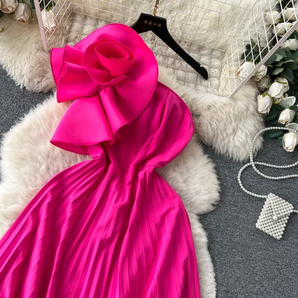 ZT1474 European Female Dress Summer Banquet Design Sense Three-dimensional Flower Slim-fit Pleated Midi Evening Gown - Image 6